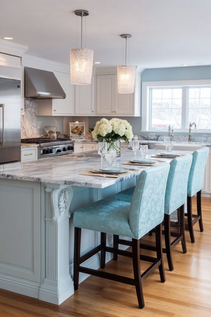 Transitional Kitchen with Elegant Marble Island