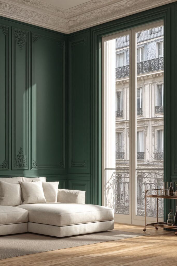 Forest Green Drama with White Sectional Contrast