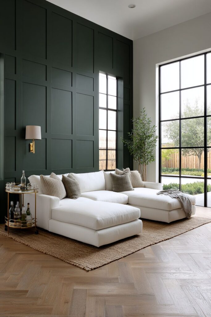 Forest Green Drama with White Sectional Contrast