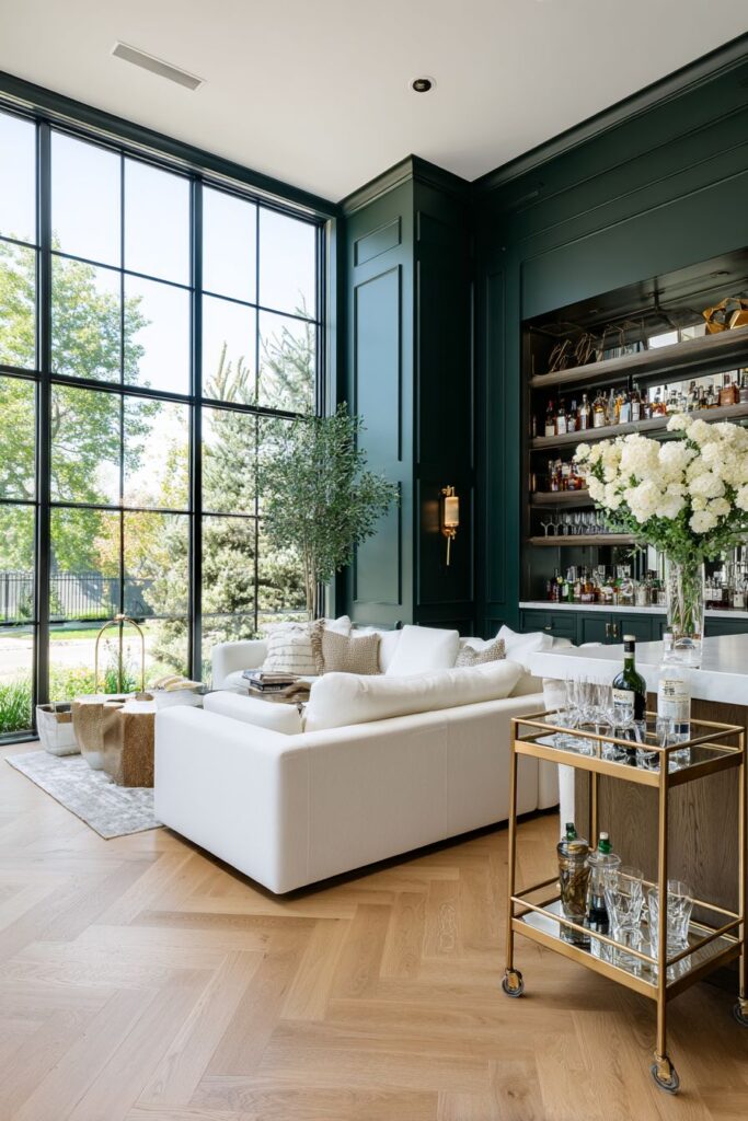 Forest Green Drama with White Sectional Contrast