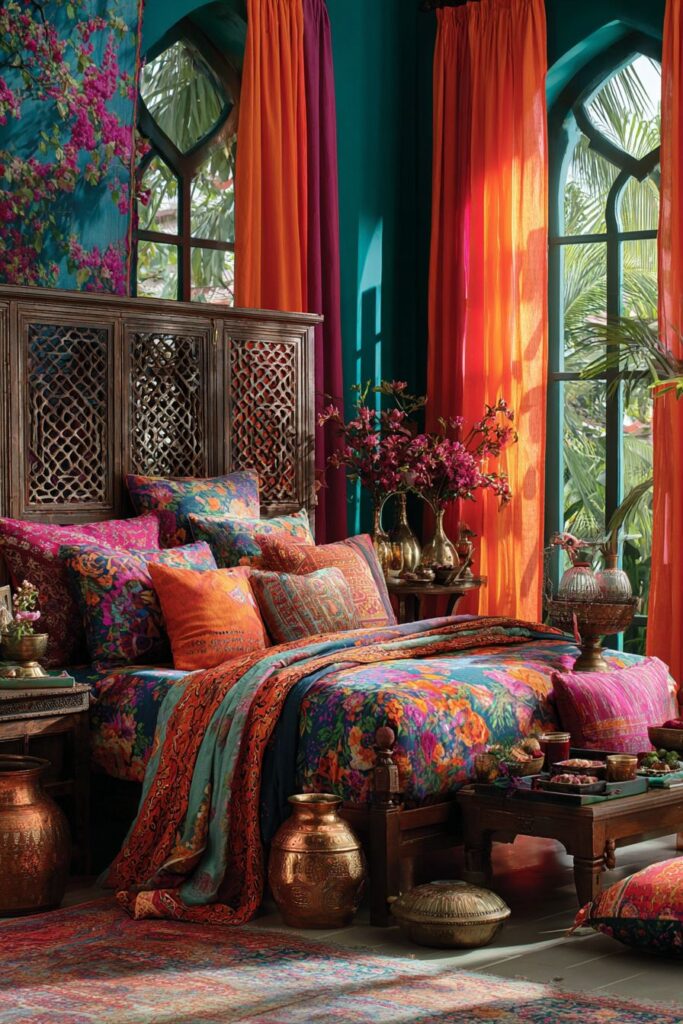 Colorful Indian Bedroom with Vibrant Jewel Tones