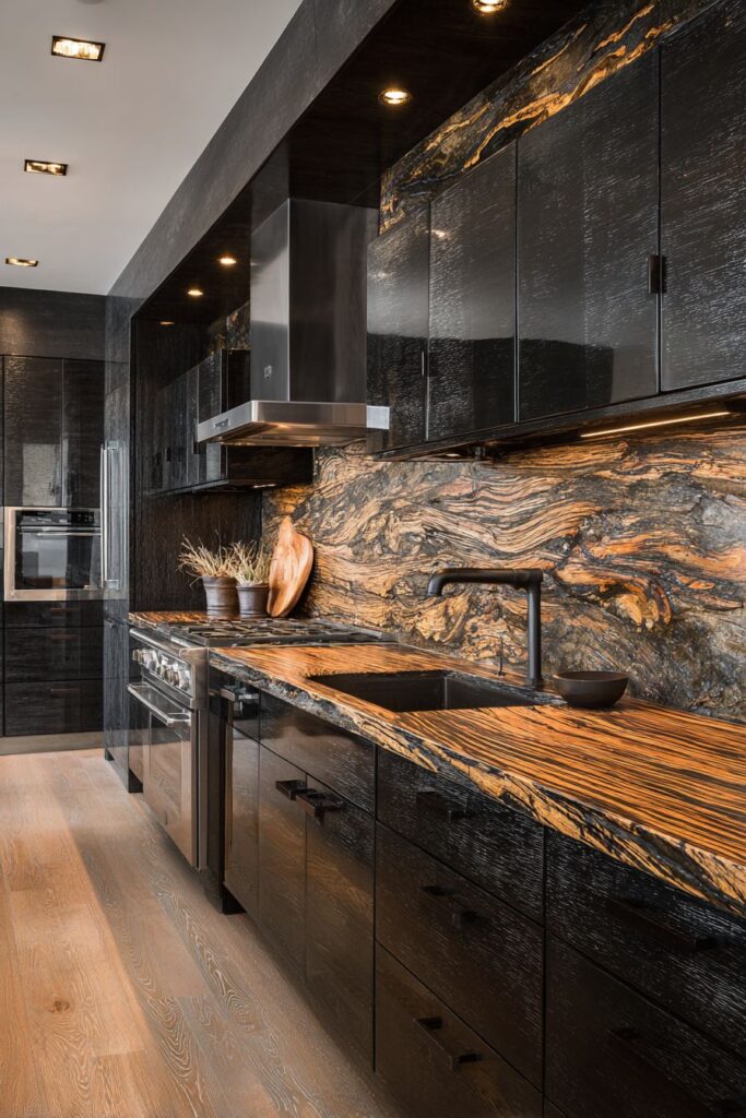 Luxurious High-Gloss Black with Exotic Wood Countertops