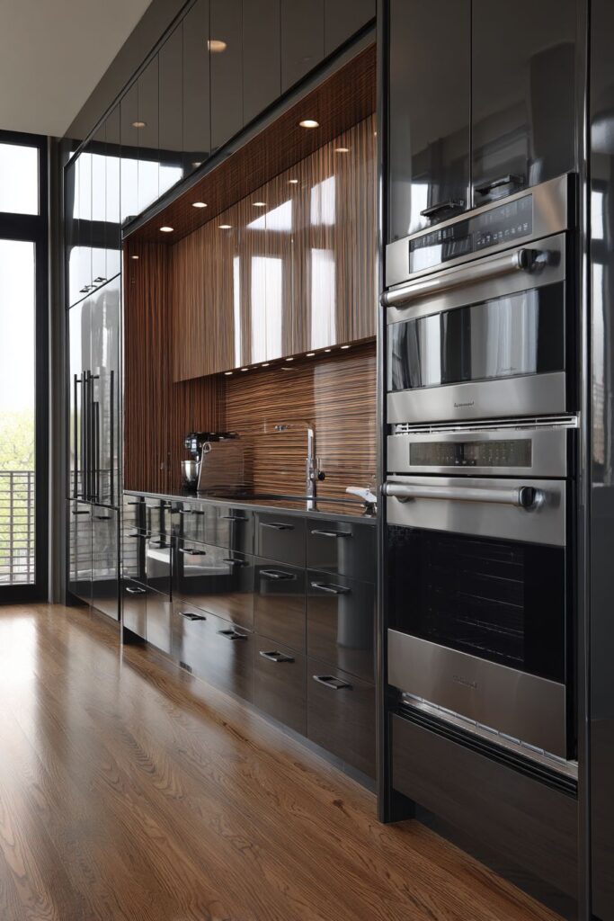 Luxurious High-Gloss Black with Exotic Wood Countertops