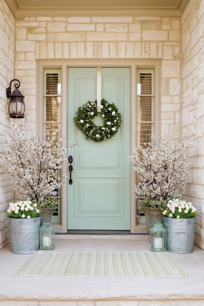 Pastel Mint Door with Serene Garden Accents