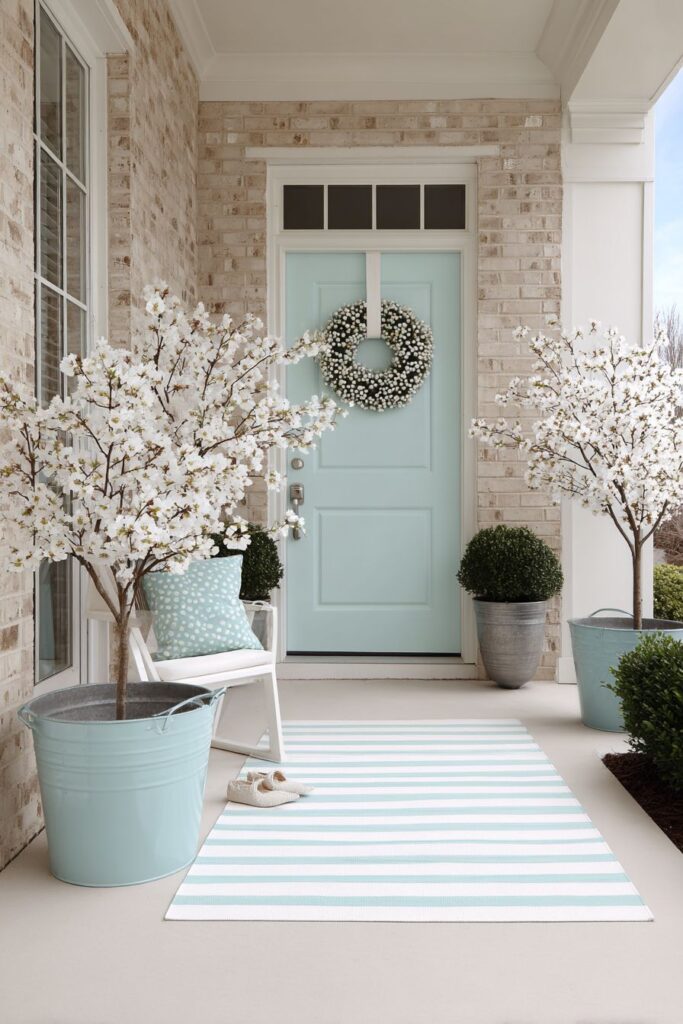 Pastel Mint Door with Serene Garden Accents