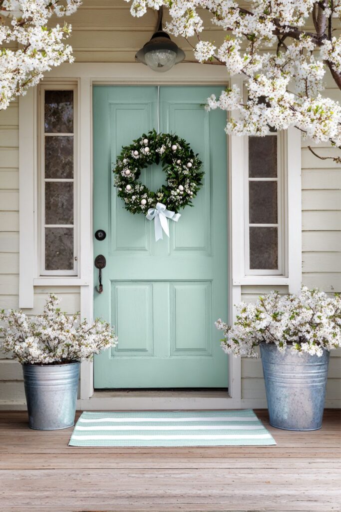 Pastel Mint Door with Serene Garden Accents