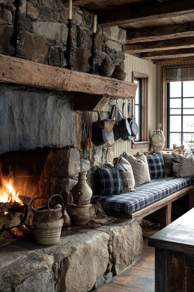Working Fireplace with Stone Surround and Built-In Seating