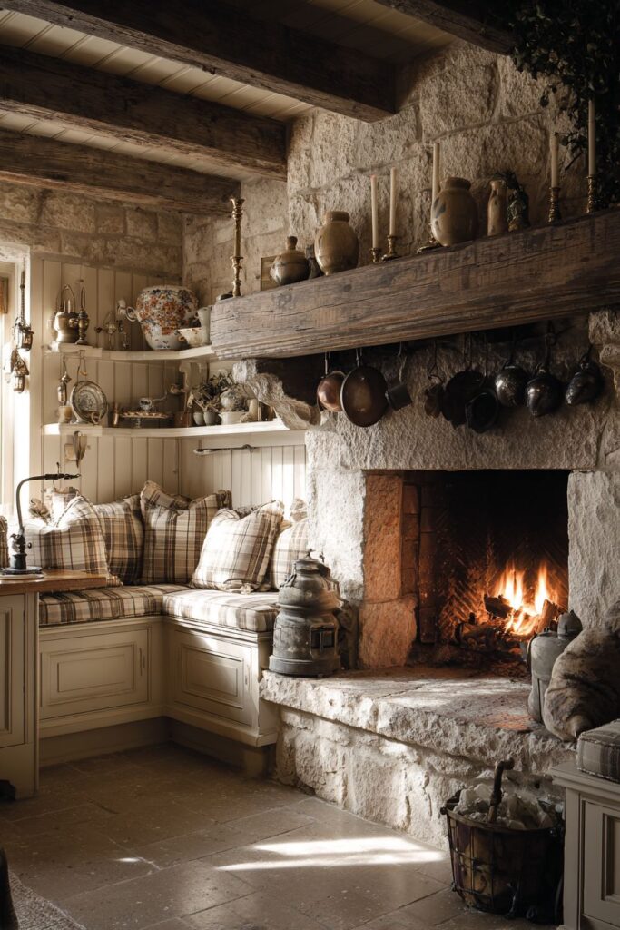 Working Fireplace with Stone Surround and Built-In Seating