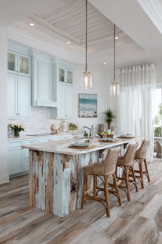 Coastal Kitchen with Weathered Wood Island