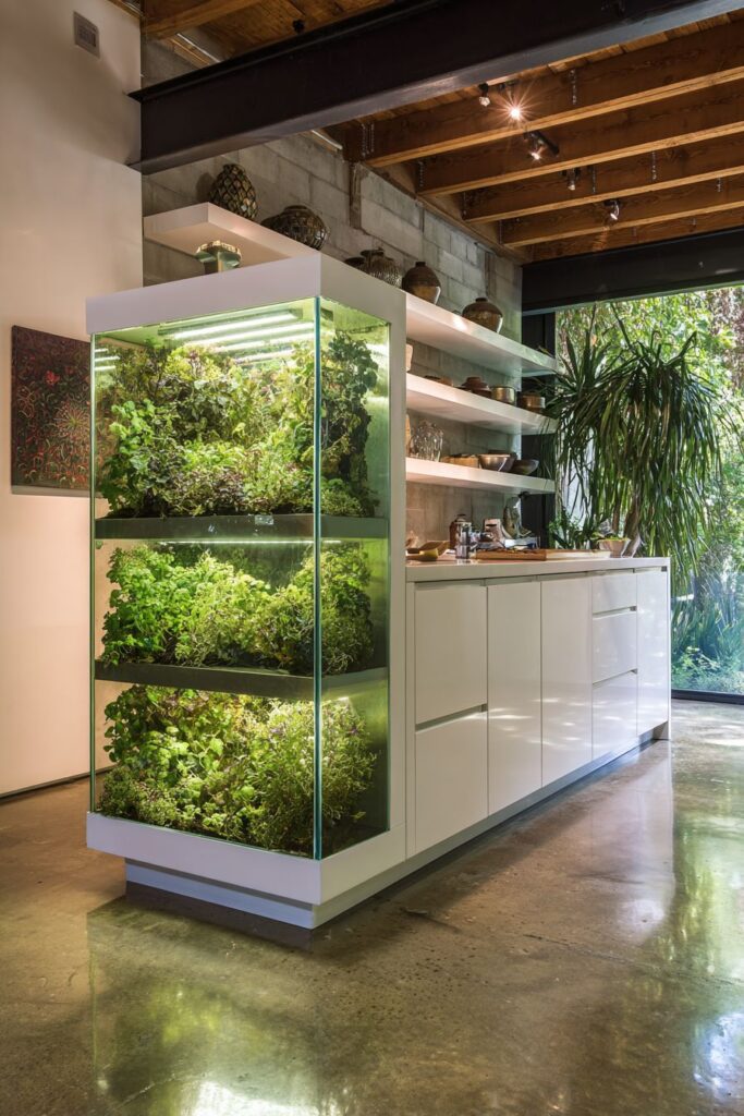 Exposed Ceiling Beams with Integrated Herb Garden