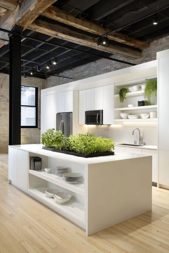 Exposed Ceiling Beams with Integrated Herb Garden