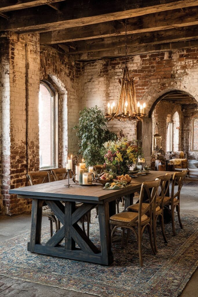 Weathered Oak Trestle Table with Mortise and Tenon Details