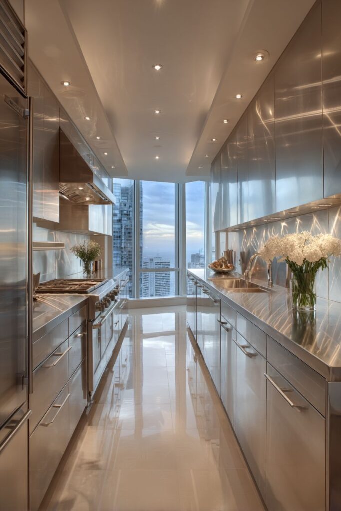 Efficient Galley-Style Stainless Steel Kitchen