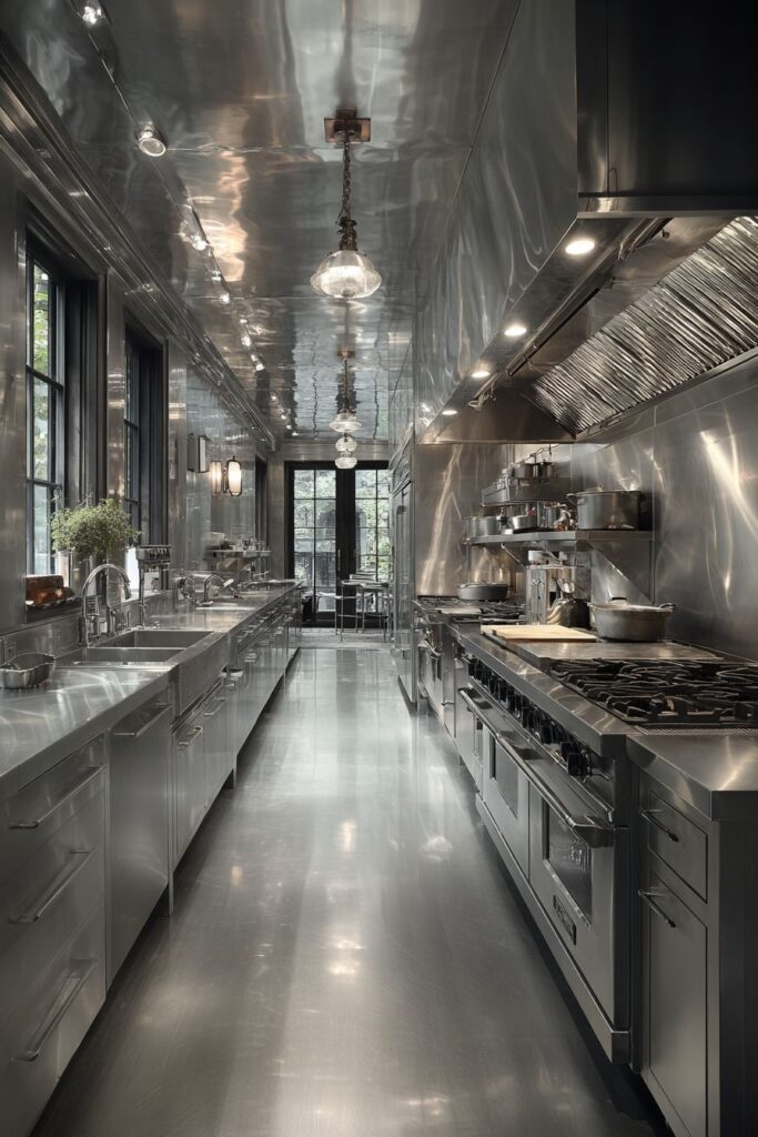 Efficient Galley-Style Stainless Steel Kitchen