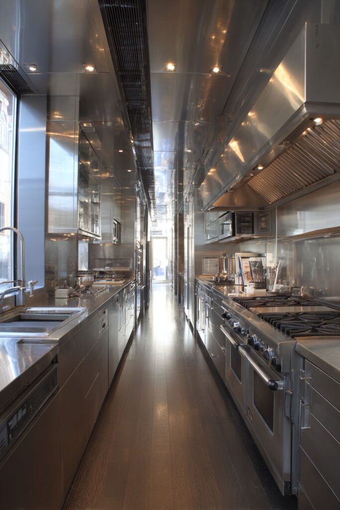 Efficient Galley-Style Stainless Steel Kitchen