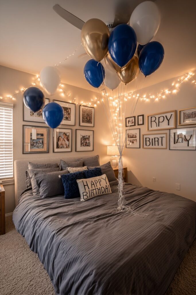 Romantic Bedroom Haven with String Lights and Memory Gallery