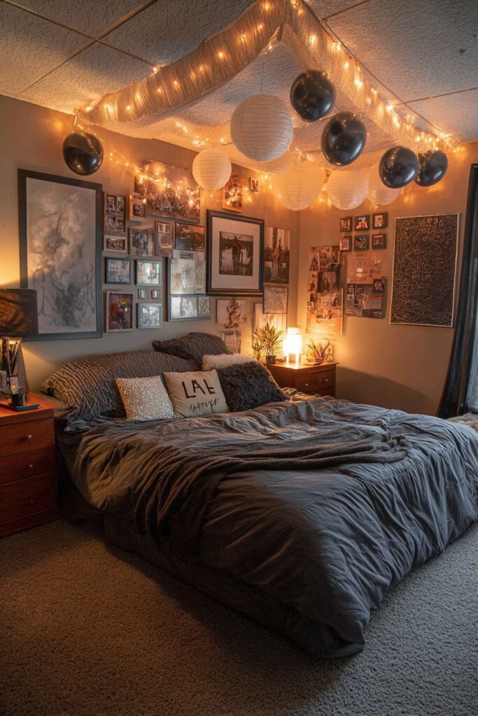 Romantic Bedroom Haven with String Lights and Memory Gallery