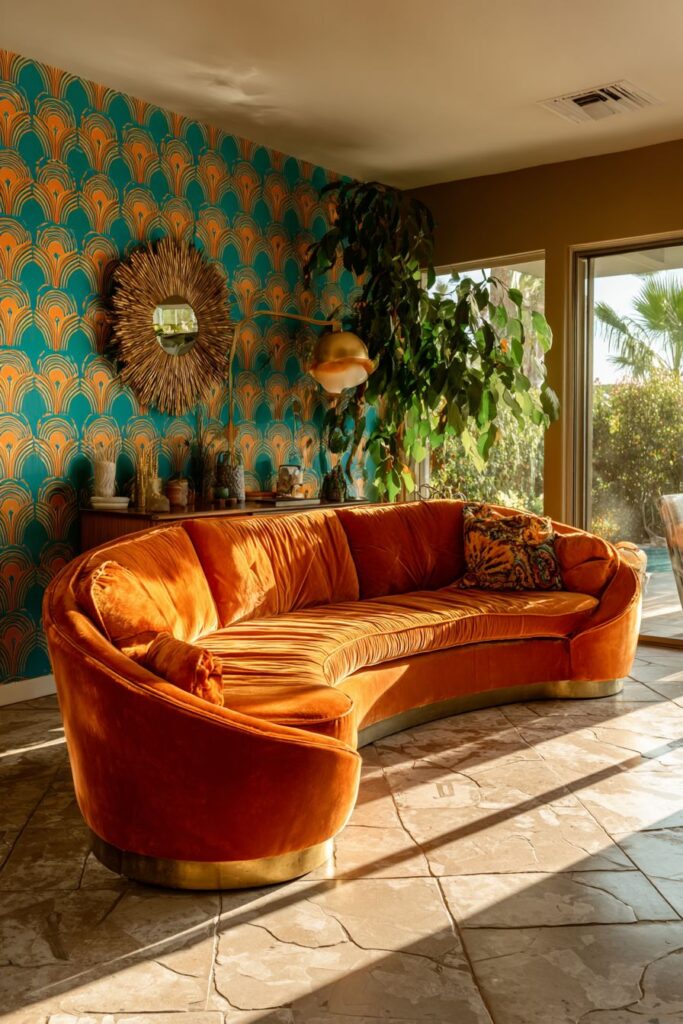 Vibrant Burnt Orange Velvet Sanctuary with Geometric Drama