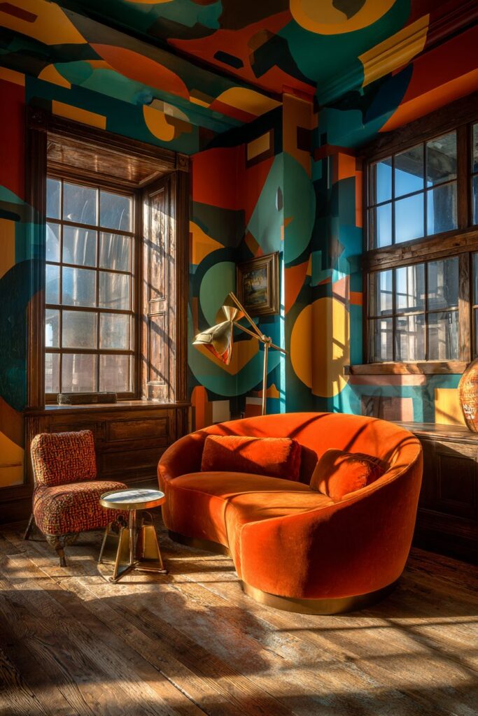 Vibrant Burnt Orange Velvet Sanctuary with Geometric Drama