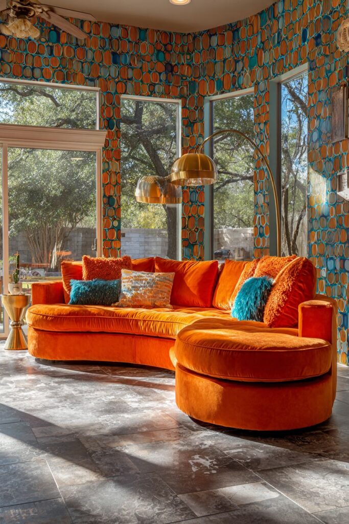 Vibrant Burnt Orange Velvet Sanctuary with Geometric Drama