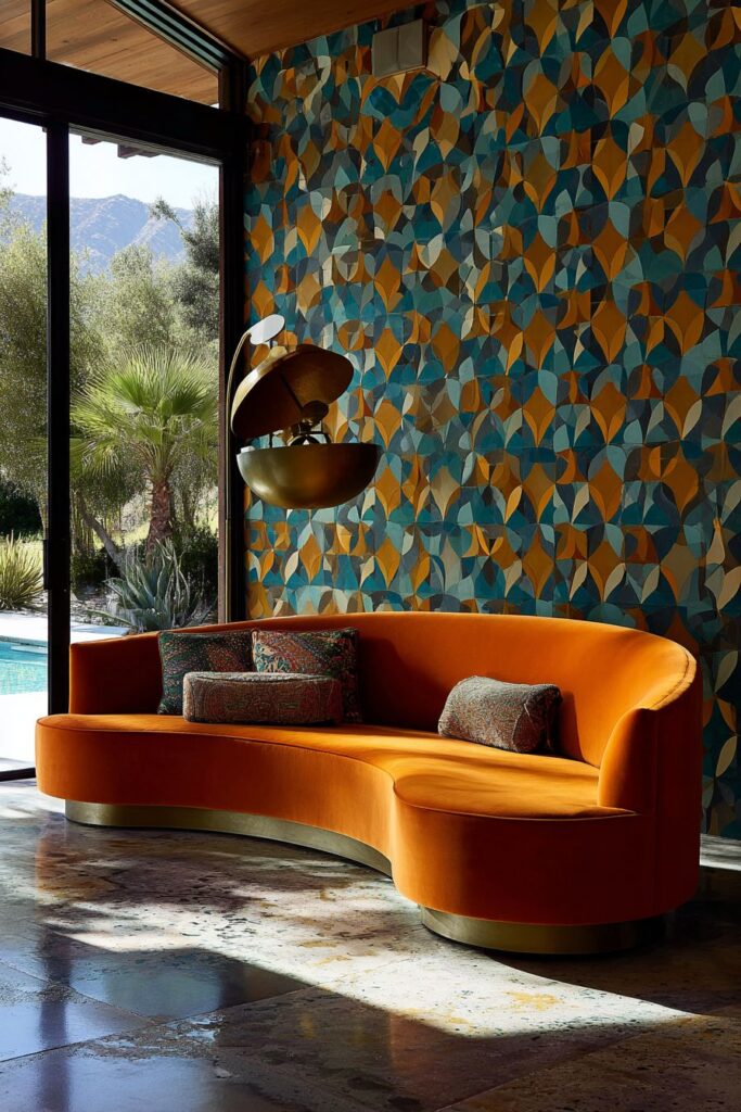 Vibrant Burnt Orange Velvet Sanctuary with Geometric Drama