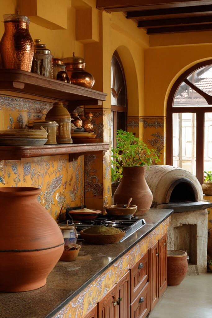 Traditional Saffron-Hued Kitchen with Paisley Artistry