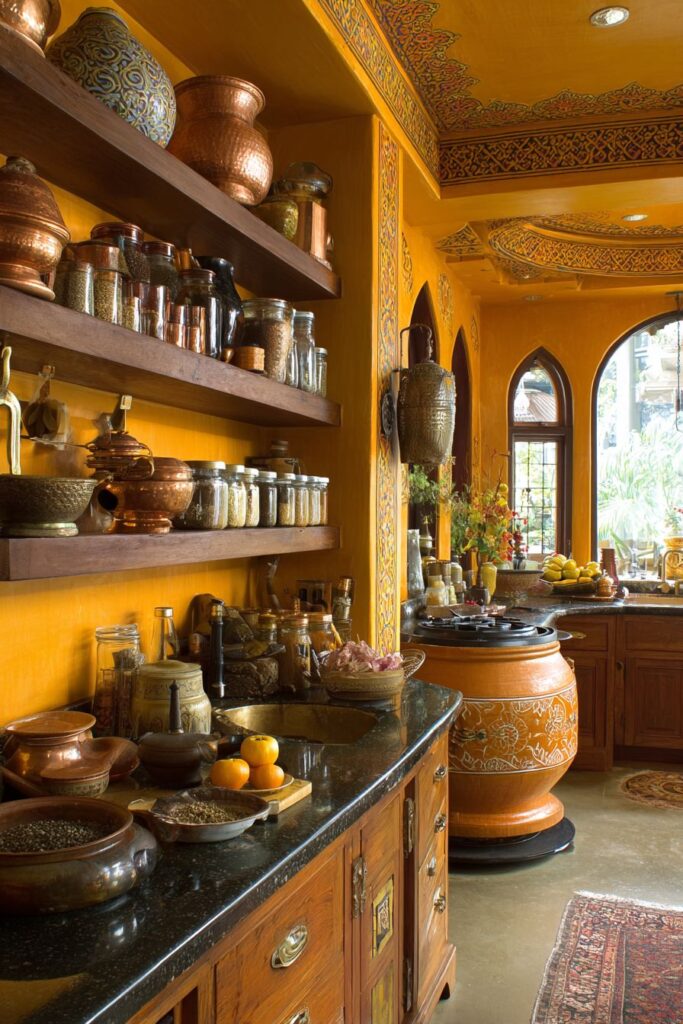 Traditional Saffron-Hued Kitchen with Paisley Artistry