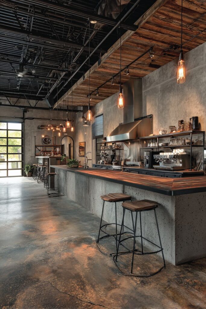 Exposed Steel Beam and Concrete Industrial Kitchen