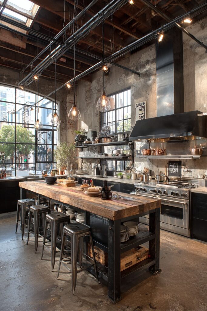 Exposed Steel Beam and Concrete Industrial Kitchen