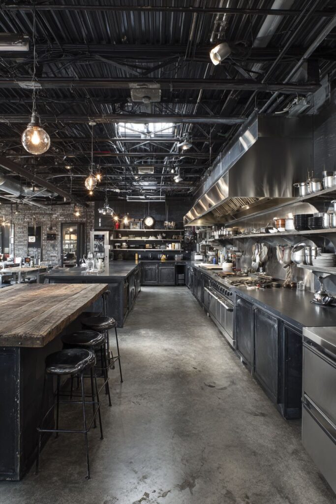 Exposed Steel Beam and Concrete Industrial Kitchen