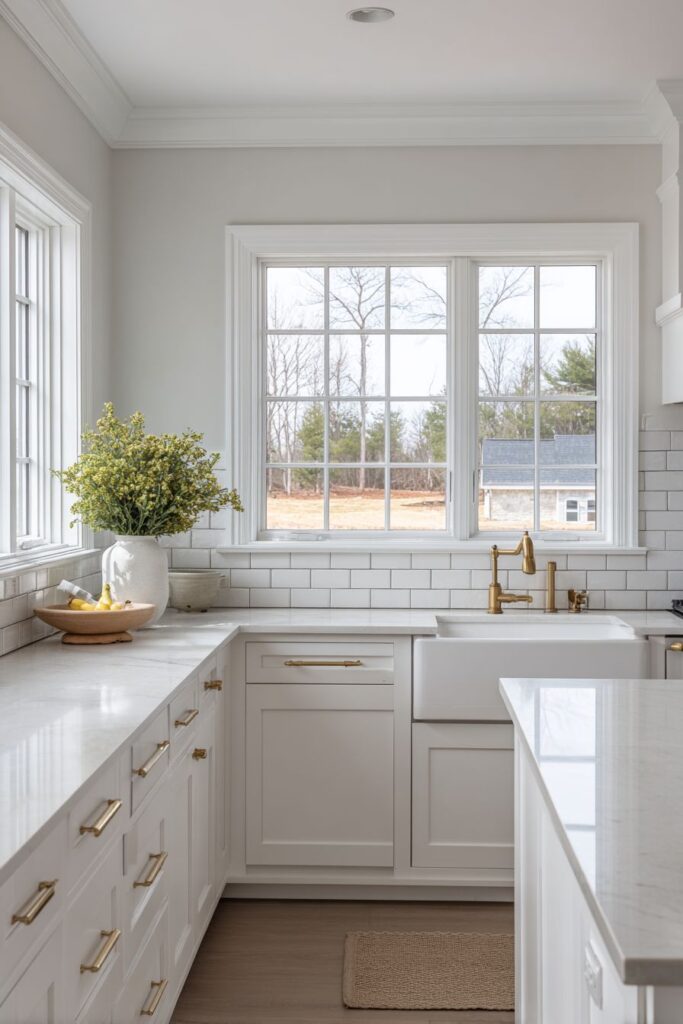 Modern Shaker-Style White Cabinets with Brushed Gold Hardware