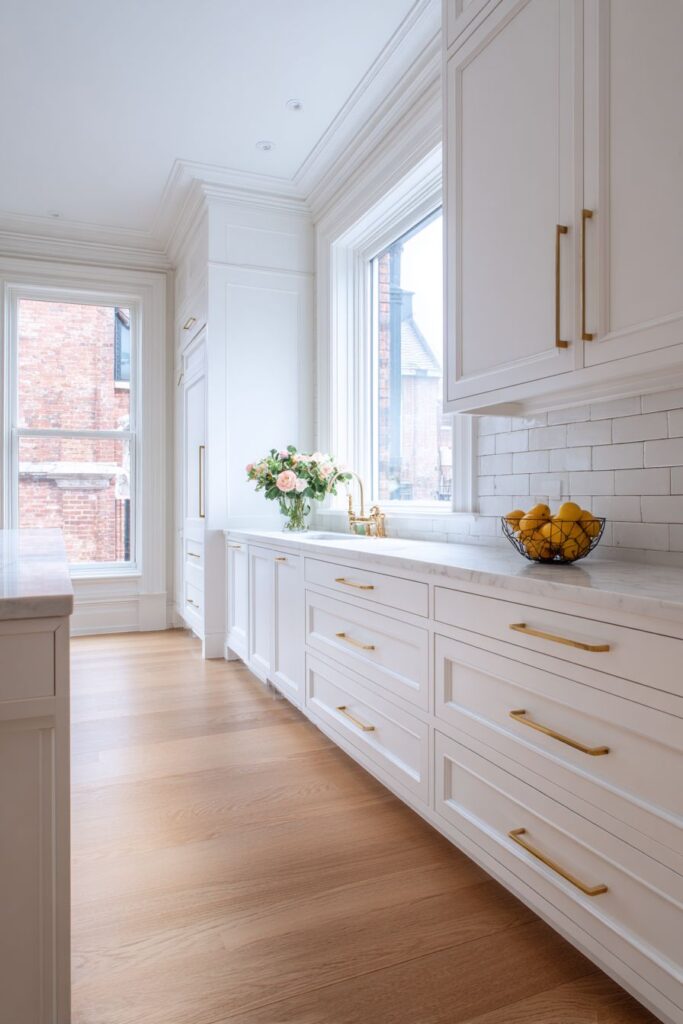 Modern Shaker-Style White Cabinets with Brushed Gold Hardware
