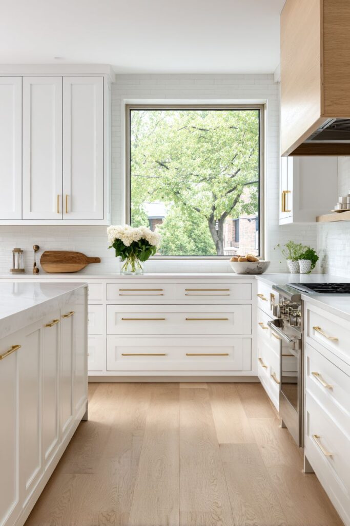 Modern Shaker-Style White Cabinets with Brushed Gold Hardware