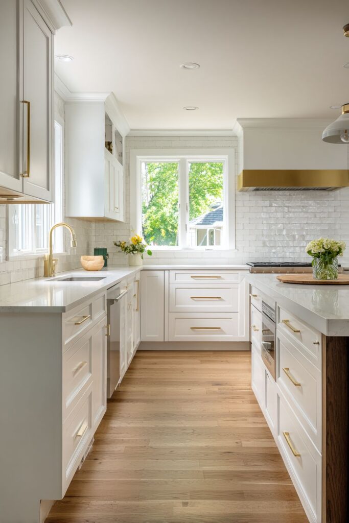 Modern Shaker-Style White Cabinets with Brushed Gold Hardware