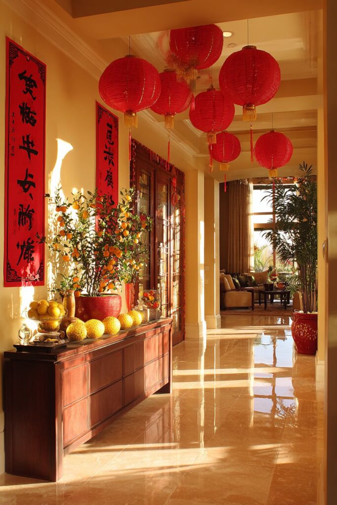 Contemporary Living Room Entrance with Symmetrical Lantern Display