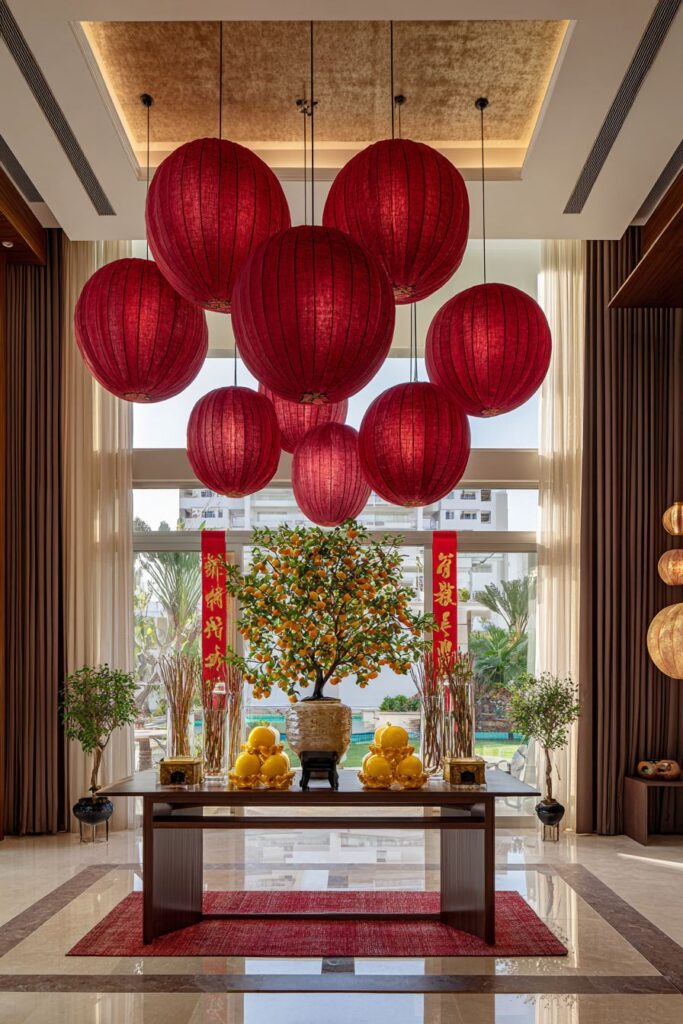 Contemporary Living Room Entrance with Symmetrical Lantern Display