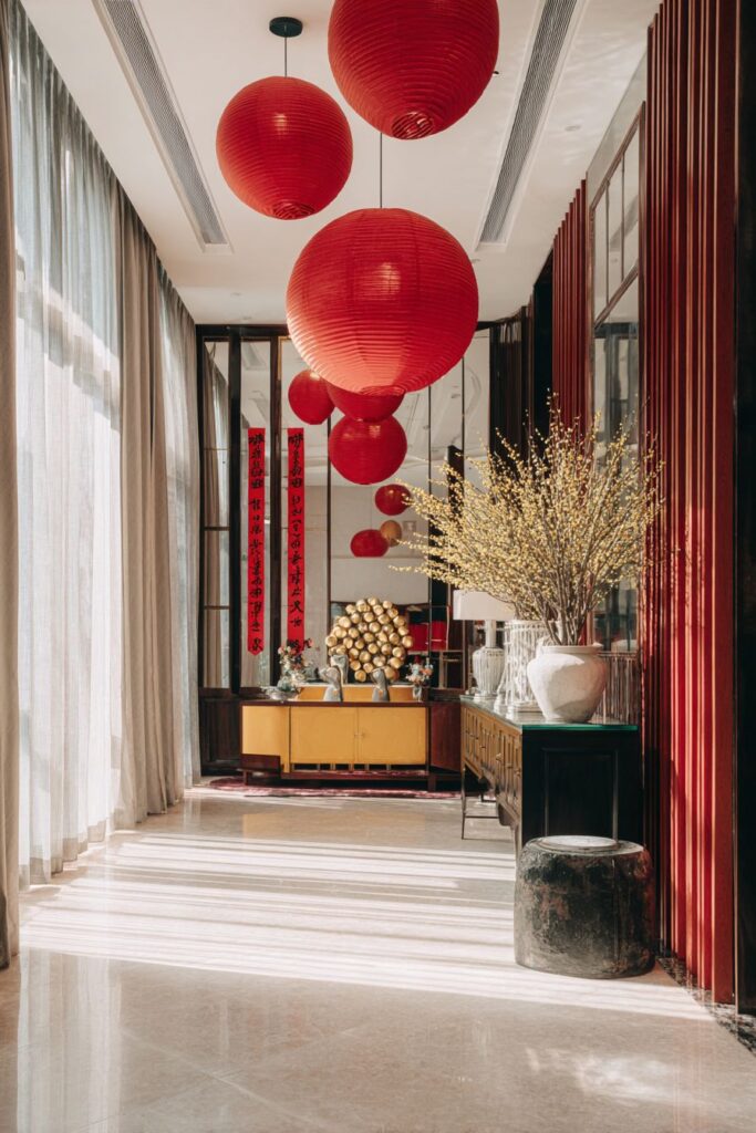 Contemporary Living Room Entrance with Symmetrical Lantern Display