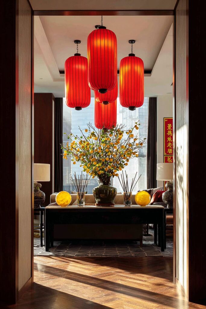 Contemporary Living Room Entrance with Symmetrical Lantern Display