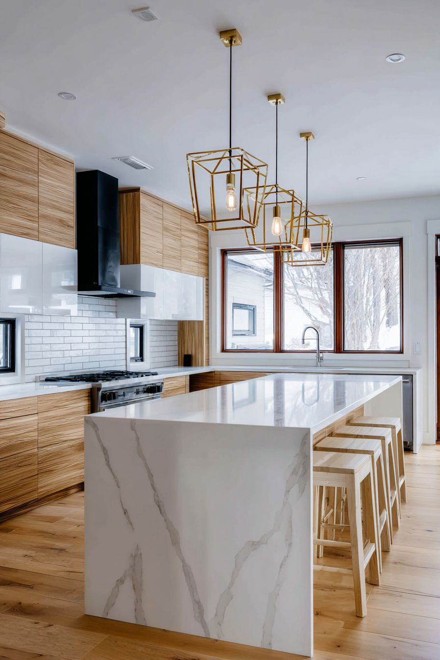 Sleek White Quartz Waterfall Island Design