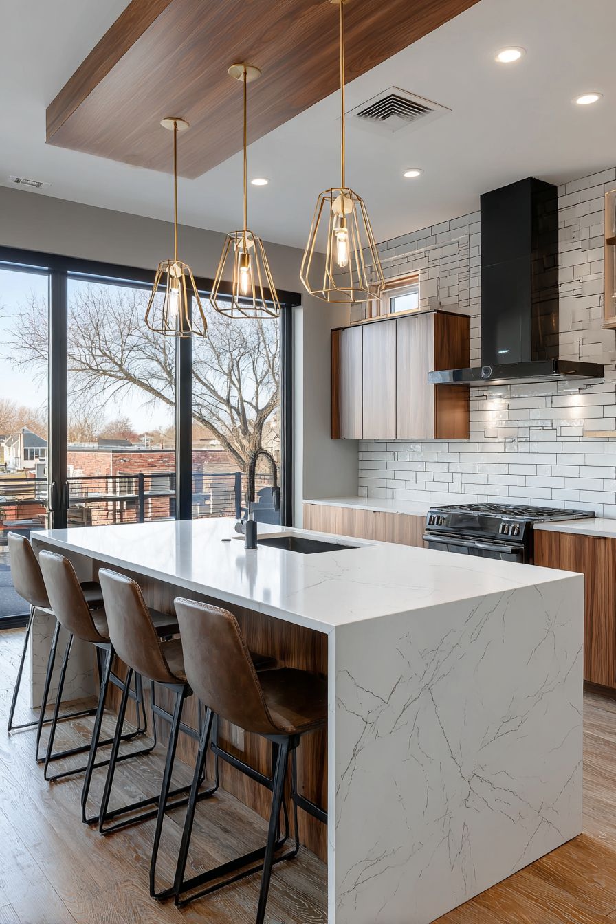 Sleek White Quartz Waterfall Island Design