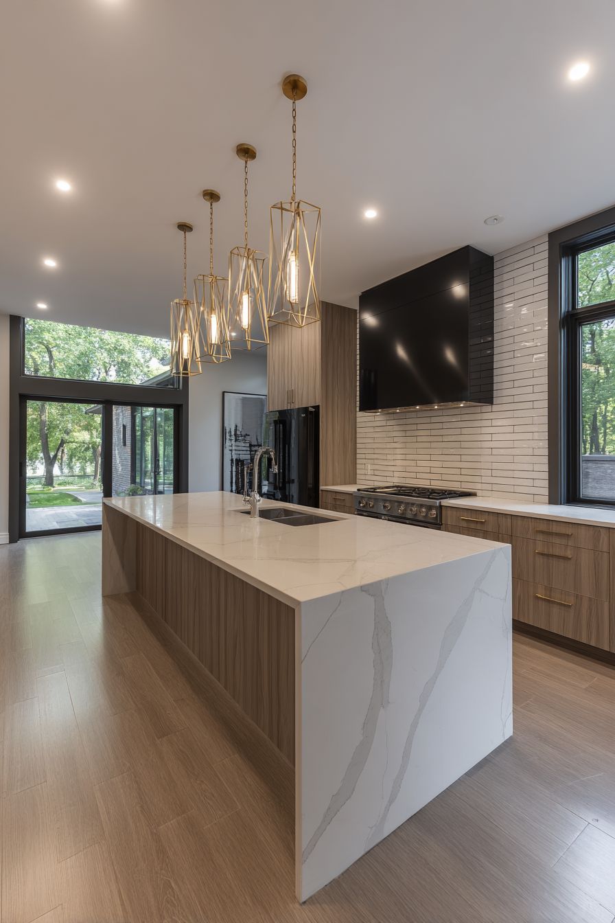 Sleek White Quartz Waterfall Island Design