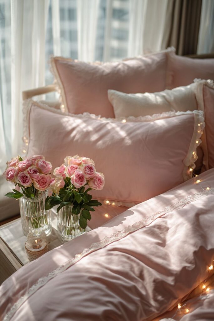 Blush Pink Bedroom Romance with Fairy Light Magic