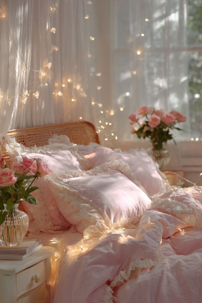Blush Pink Bedroom Romance with Fairy Light Magic