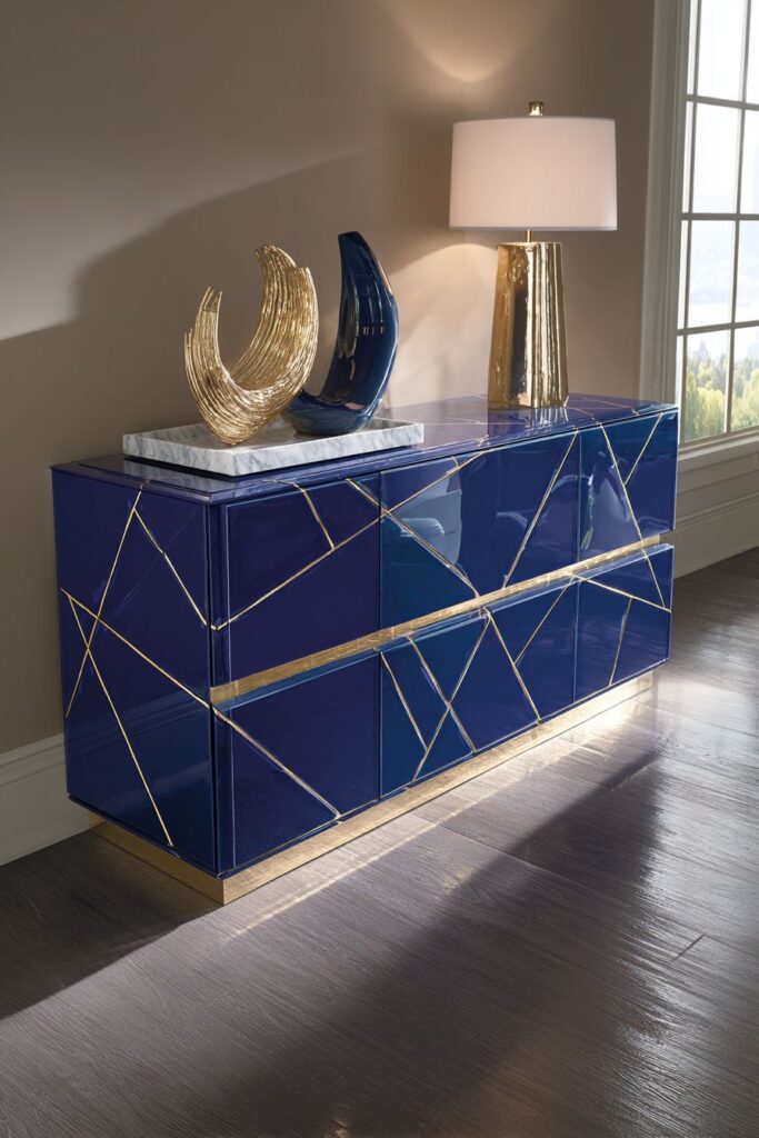 Contemporary High-Gloss Console in Bold Navy with Gold Accents