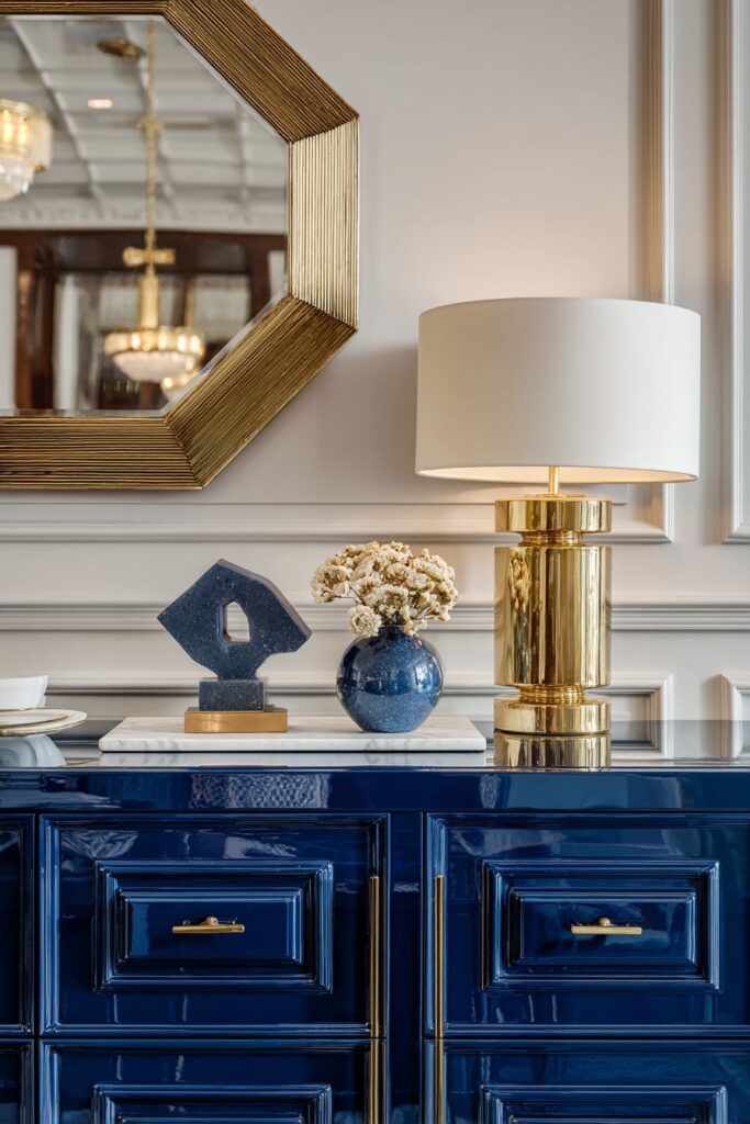 Contemporary High-Gloss Console in Bold Navy with Gold Accents
