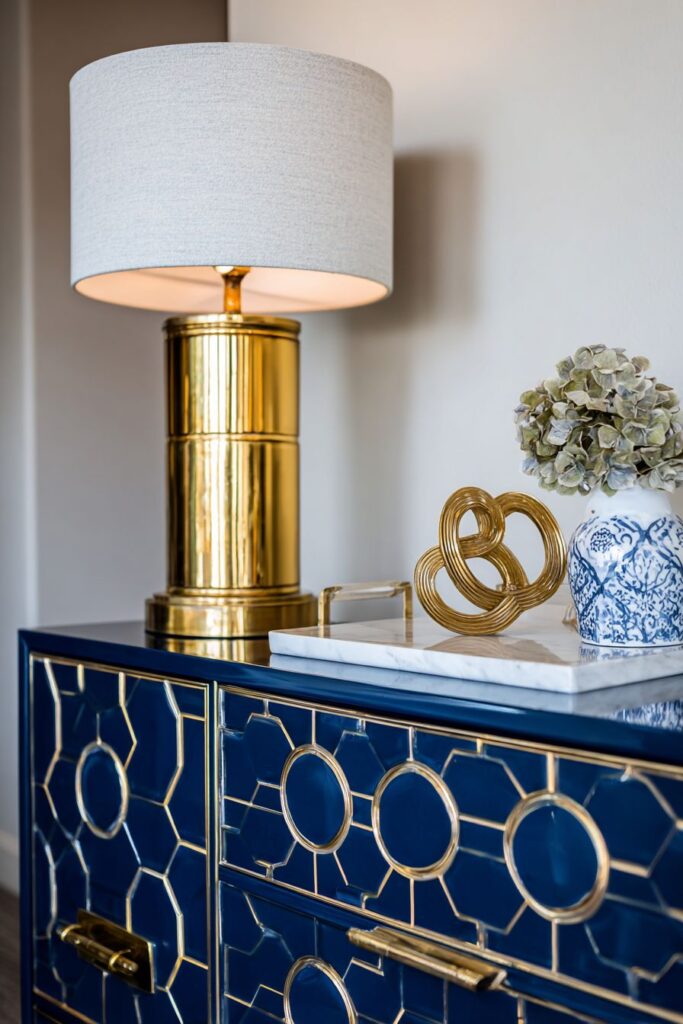 Contemporary High-Gloss Console in Bold Navy with Gold Accents