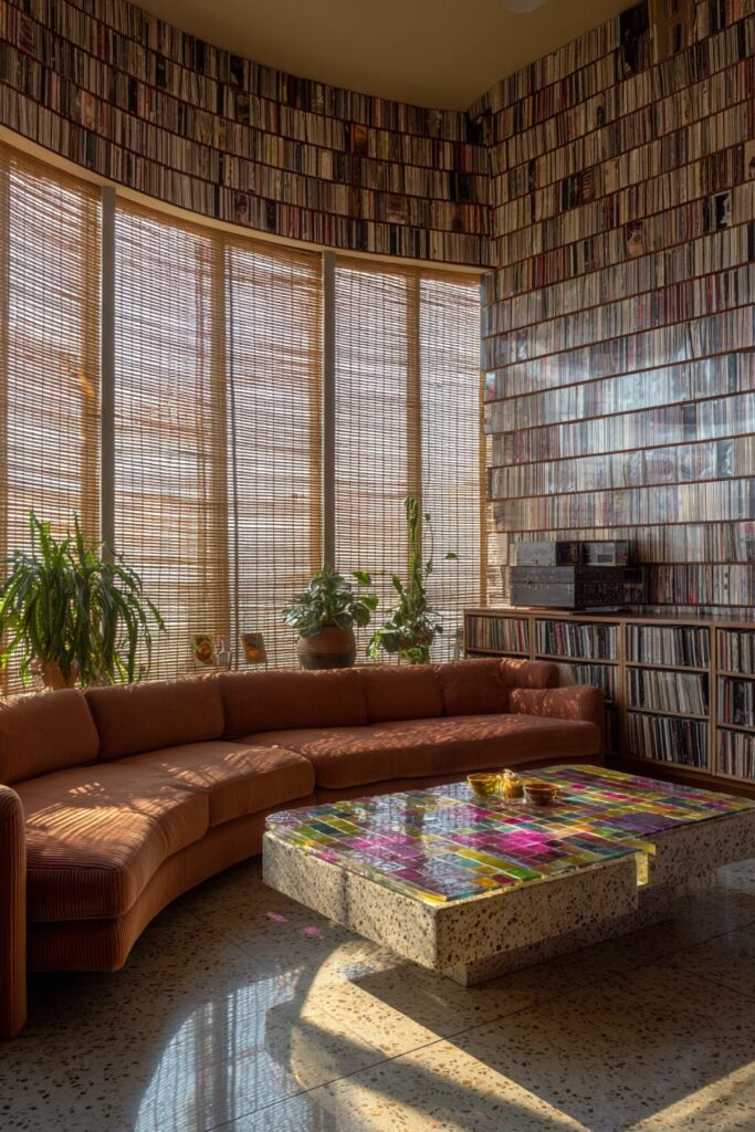 Music-Inspired Vinyl Record Wall Treatment with Terrazzo Elegance