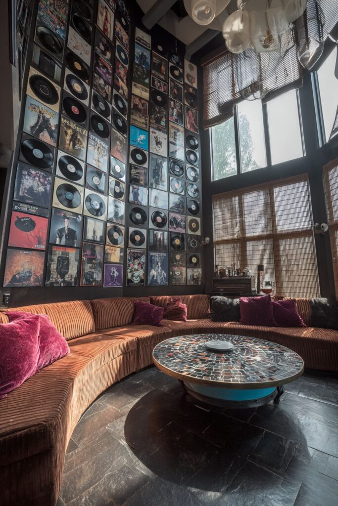 Music-Inspired Vinyl Record Wall Treatment with Terrazzo Elegance