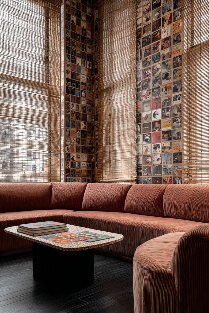 Music-Inspired Vinyl Record Wall Treatment with Terrazzo Elegance