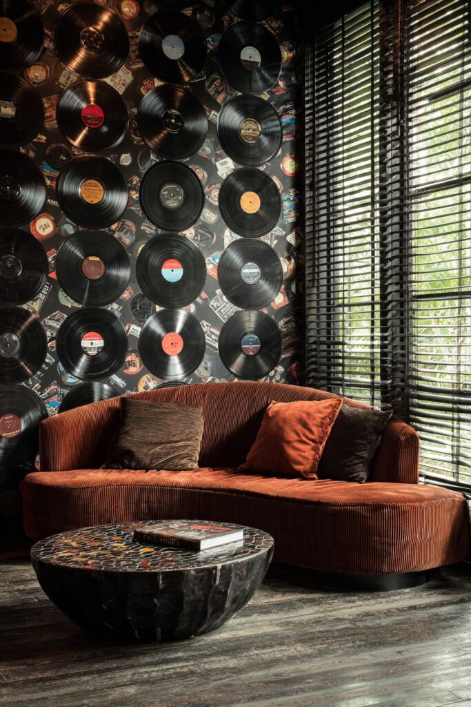 Music-Inspired Vinyl Record Wall Treatment with Terrazzo Elegance